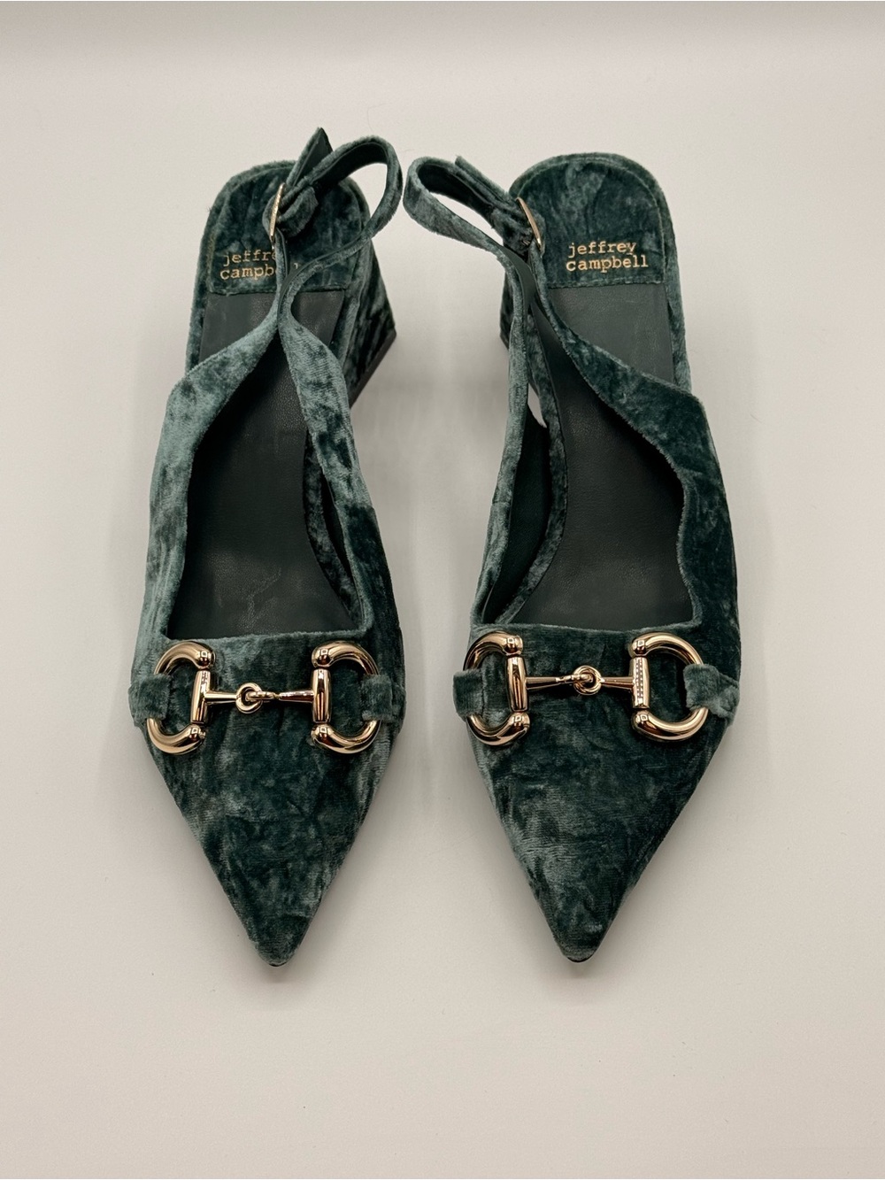 Jeffrey Campbell Dark Green Crushed Velvet Slingback Flats with Gold Bit